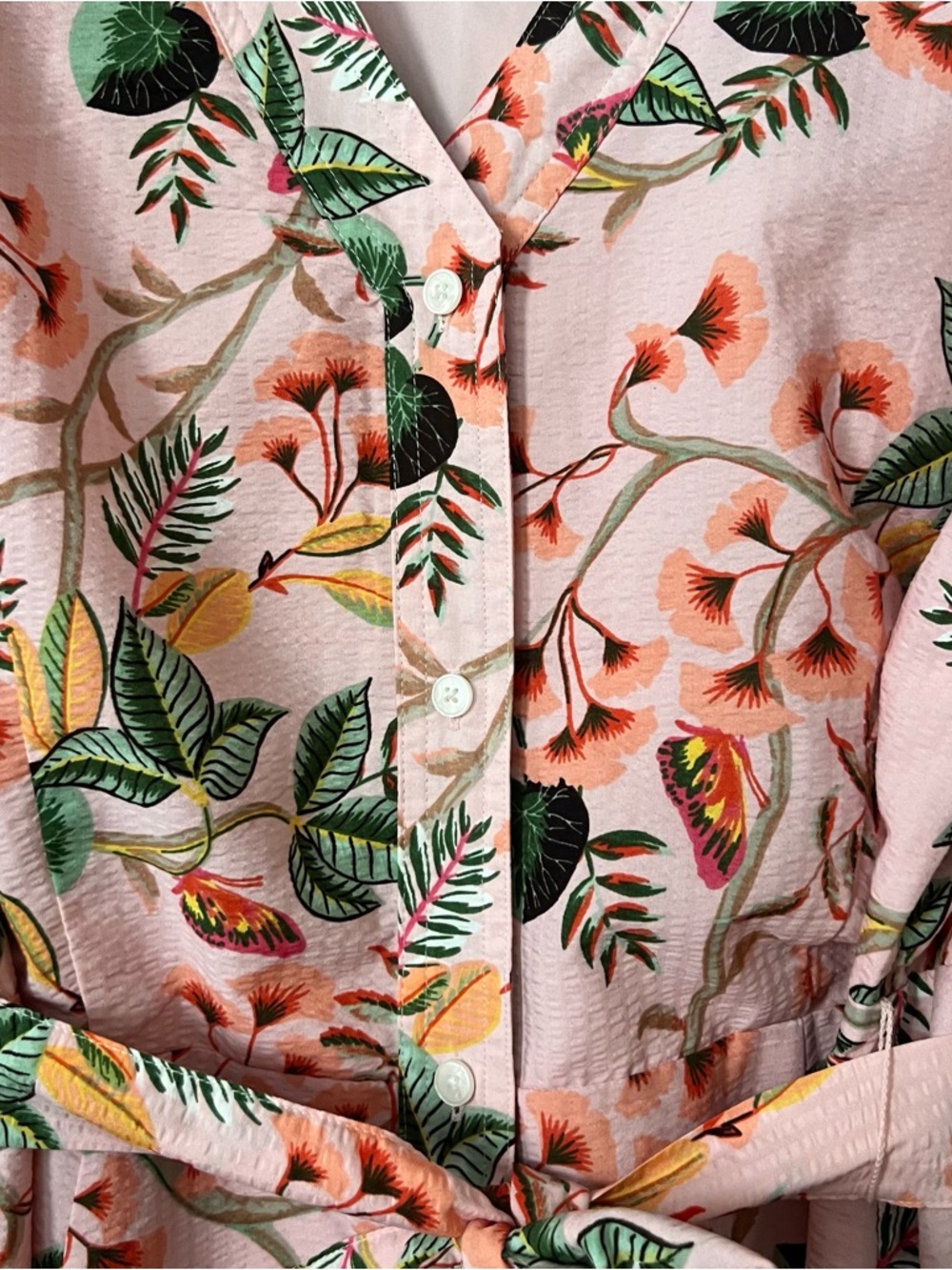 LOFT Peach-Pink Floral Midi Dress with Green Leaf Print - Picture 5 of 8